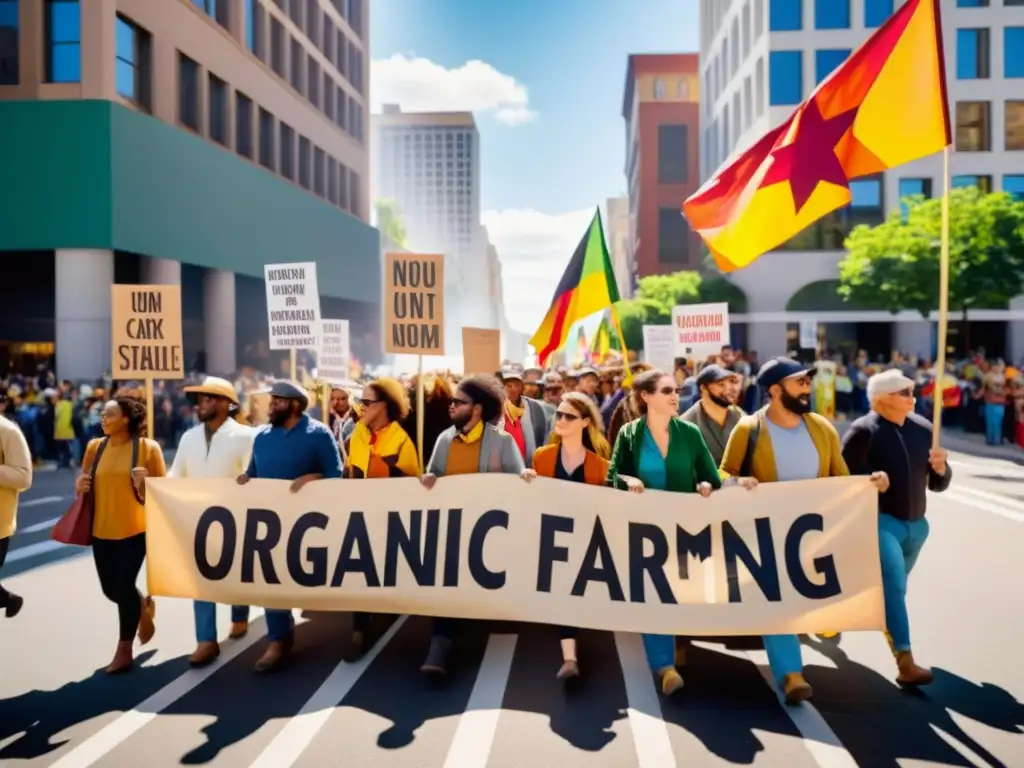 Manifestación por la legislación de alimentos orgánicos y movimientos sociales en la ciudad, con activismo y unidad