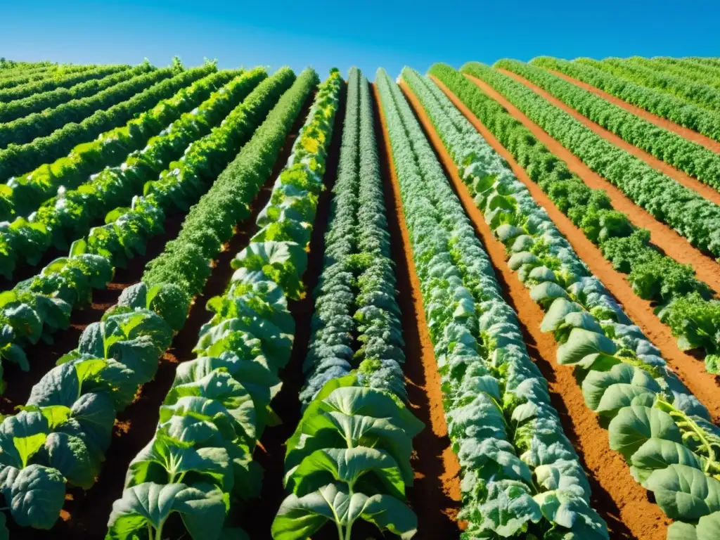 Certificación alimentos orgánicos proceso: Granja orgánica con frutas y verduras vibrantes bajo un cielo azul claro