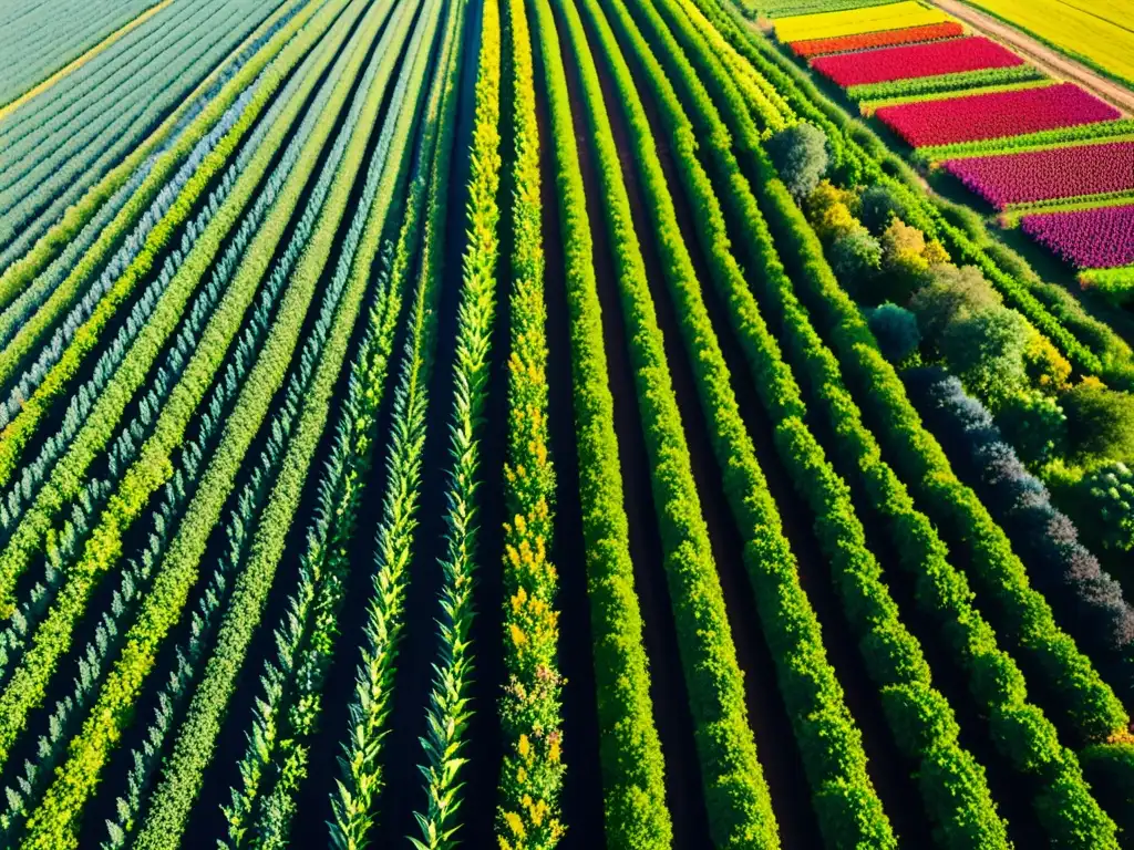 Granja orgánica: abundancia en armonía Producción de alimentos orgánicos sostenible: Granja orgánica vibrante con cultivos coloridos y biodiversidad bajo el cálido sol