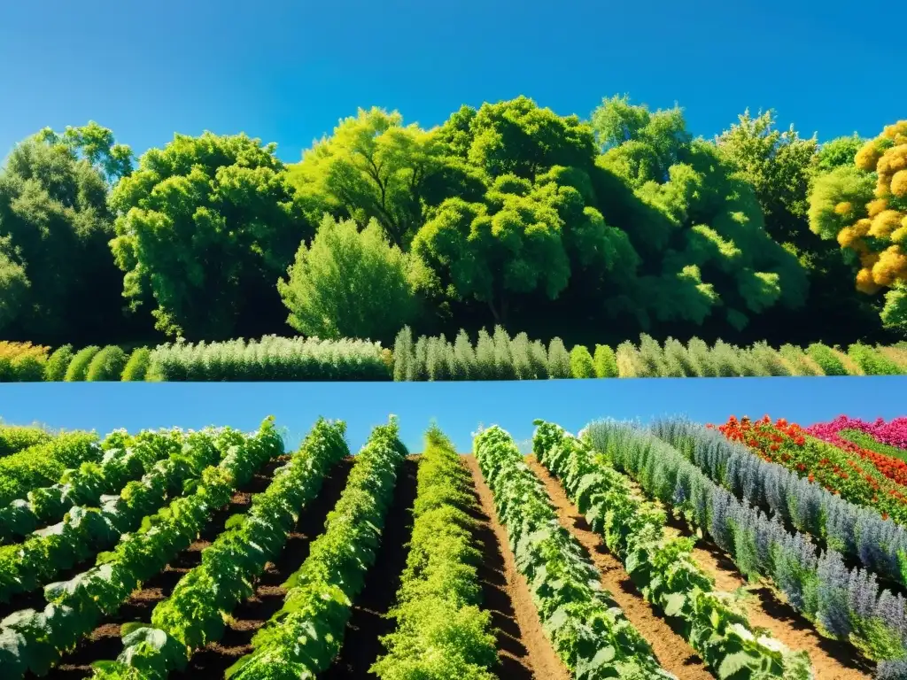 Granja orgánica vibrante: armonía y sostenibilidad Producción de alimentos orgánicos sostenible en una granja vibrante y frondosa, con cultivos coloridos y abejas entre flores
