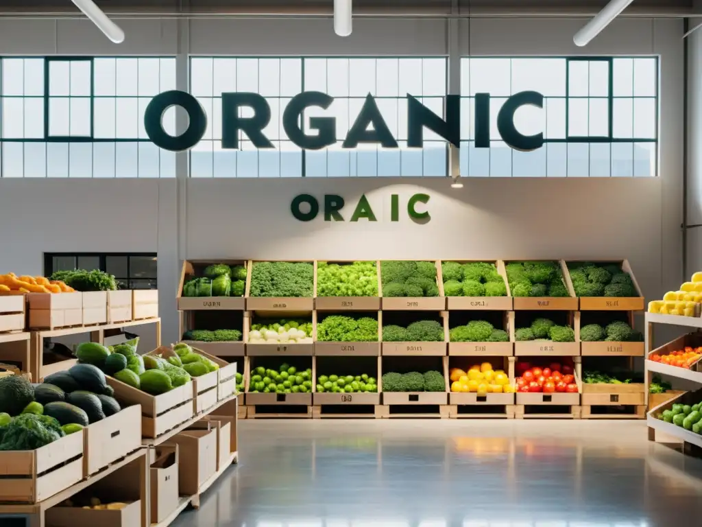 Un almacén moderno y ordenado con cajas de productos orgánicos apiladas, bañado por una cálida luz natural