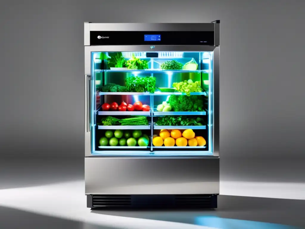 Almacenamiento innovador para alimentos orgánicos, con estantes de acero inoxidable y productos frescos iluminados por LED