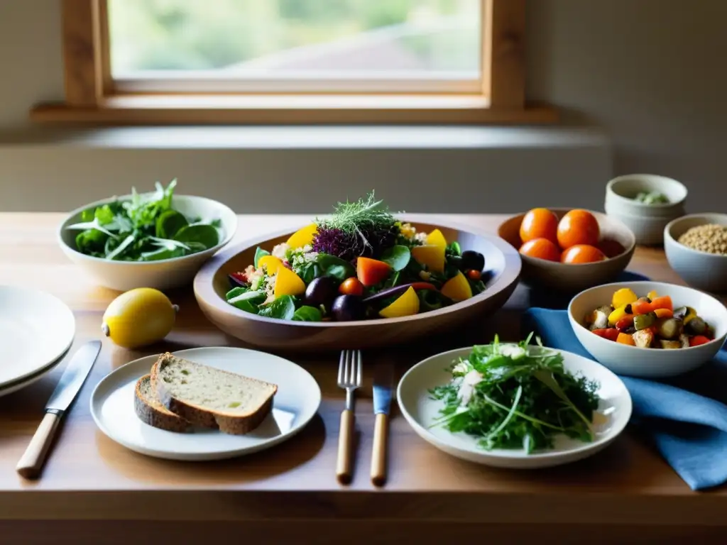 Un almuerzo familiar orgánico con recetas coloridas y frescas en una mesa de madera bien arreglada, bañada por la cálida luz natural