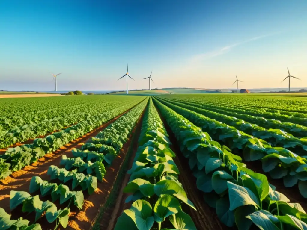 Amplia campo de cultivos orgánicos bajo cielo azul