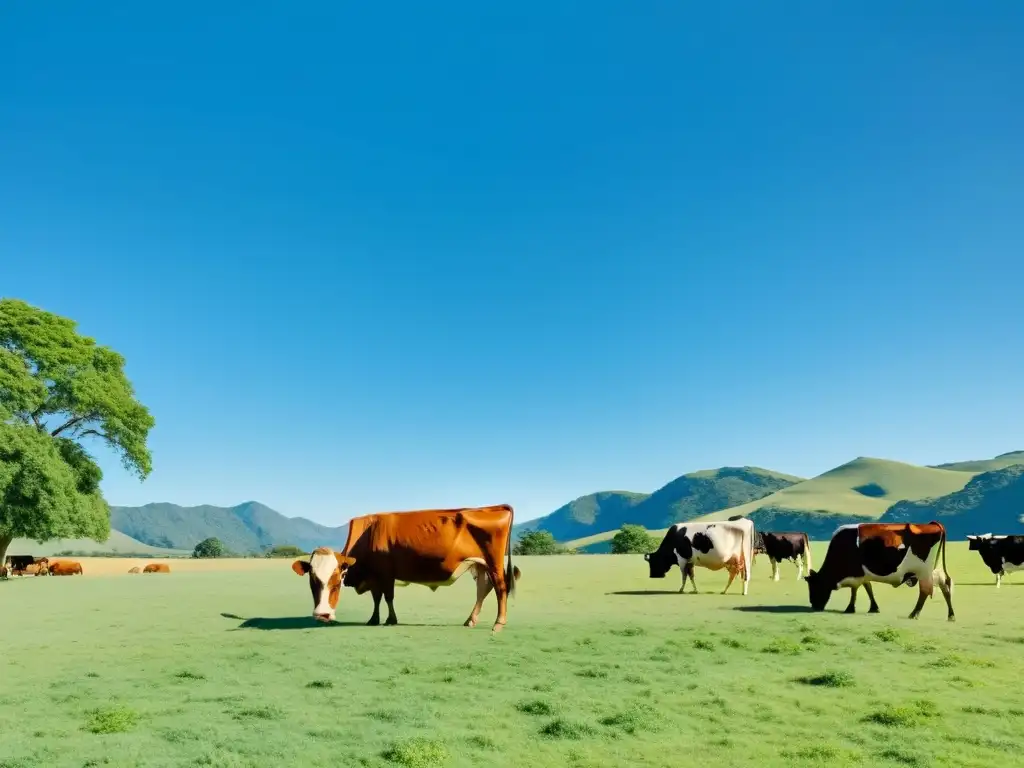 Amplia finca orgánica de ganado con pastizales verdes y vacas contentas