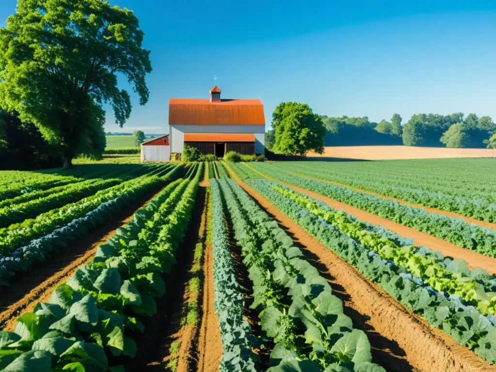 Amplia granja orgánica verde bajo cielo azul, con hileras de cultivos y una casa de campo al fondo