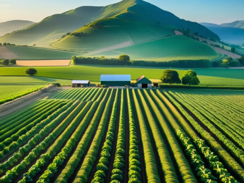 Amplio paisaje de granja orgánica local al amanecer, con trabajadores cultivando los campos