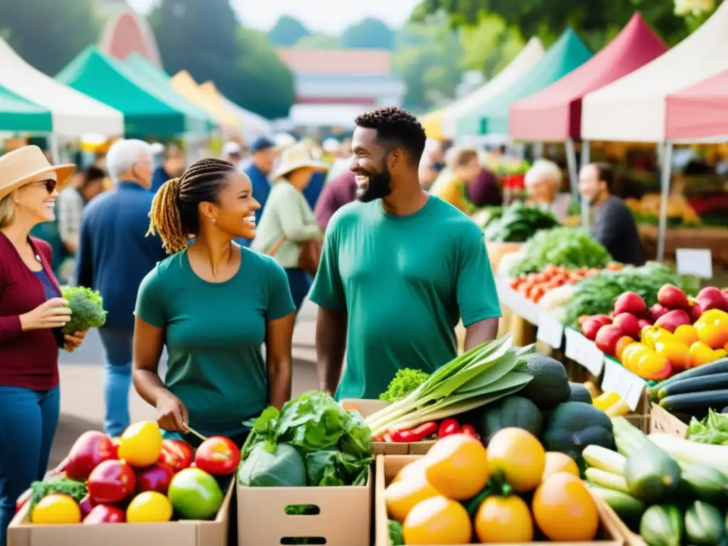 Un animado mercado de agricultores con diversidad de personas y productos orgánicos