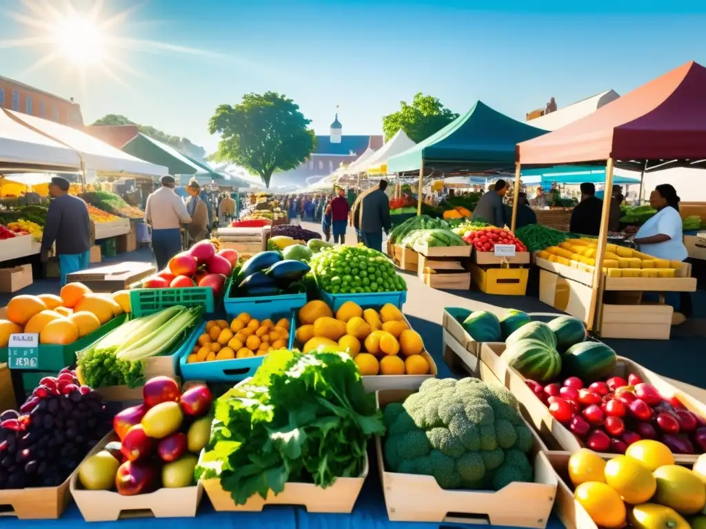 Un animado mercado de agricultores con frutas y verduras coloridas, creando un ambiente comunitario y destacando los beneficios de la alimentación de temporada