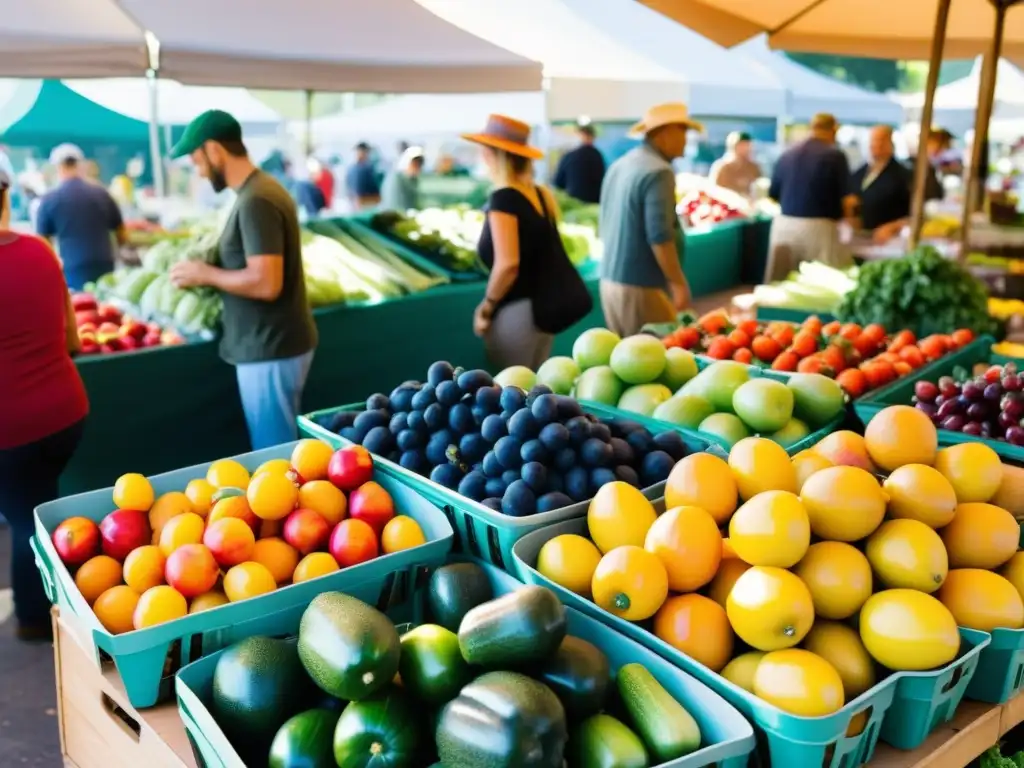 Un animado mercado de agricultores lleno de frutas y verduras orgánicas, con una atmósfera dinámica y vibrante