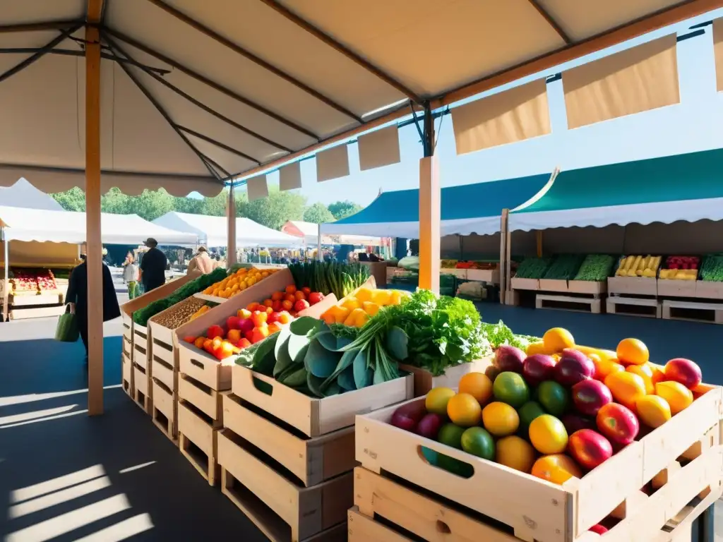 Un animado mercado de agricultores orgánicos con frutas y verduras frescas y coloridas, creando una atmósfera vibrante y serena