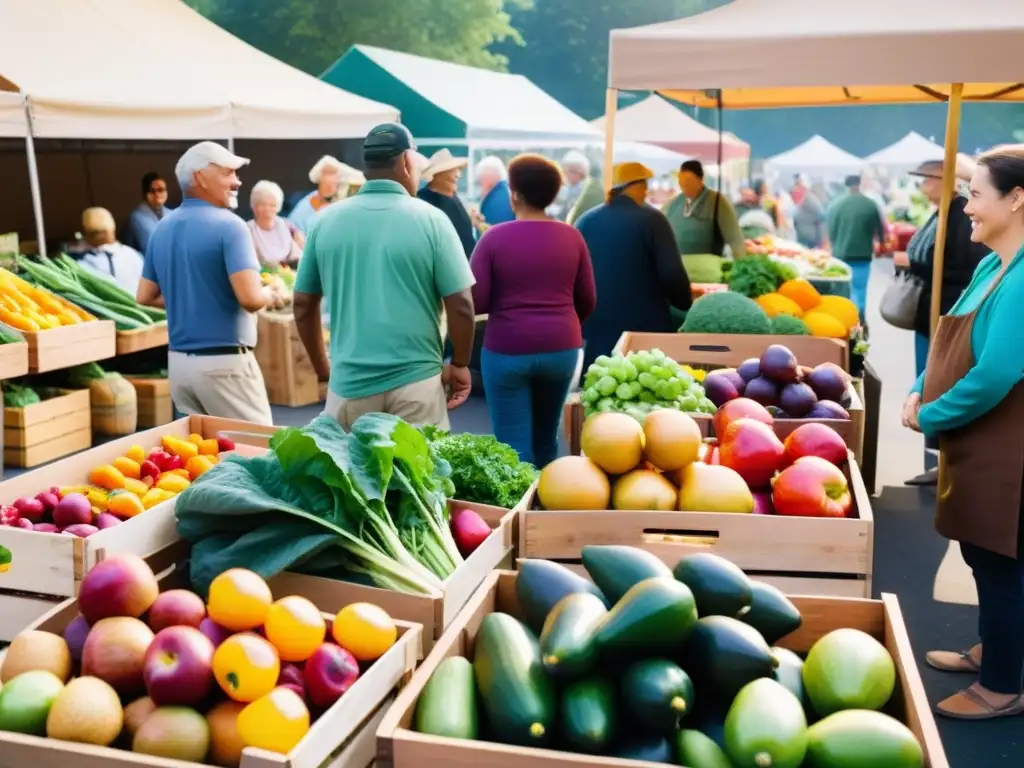 Un animado mercado de agricultores con productos orgánicos coloridos y personas de diversas edades y orígenes