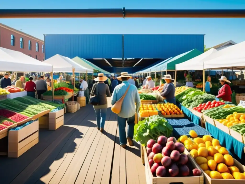 En un animado mercado de agricultores con productos orgánicos coloridos y frescos, clientes y vendedores conversan bajo un cielo azul brillante