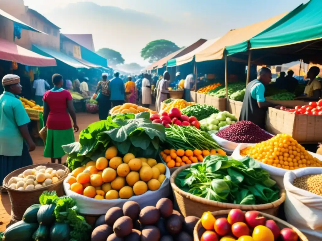 Un animado mercado al aire libre en África, con una variedad de frutas y verduras orgánicas y coloridas en exhibición