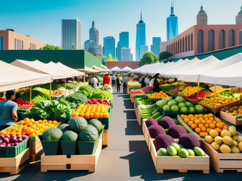 Un animado mercado de alimentos orgánicos con productos coloridos y clientes examinando la selección, bajo la mirada de edificios modernos