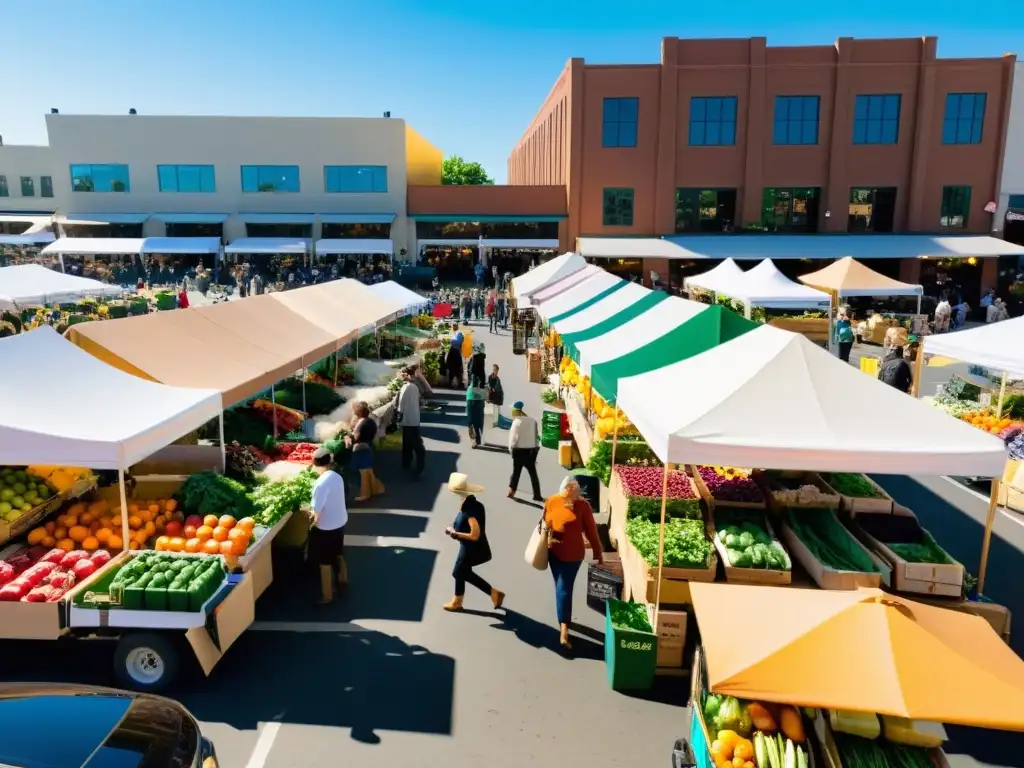 En un animado mercado agrícola, los puestos llenos de productos orgánicos contrastan con la flota de vehículos eléctricos