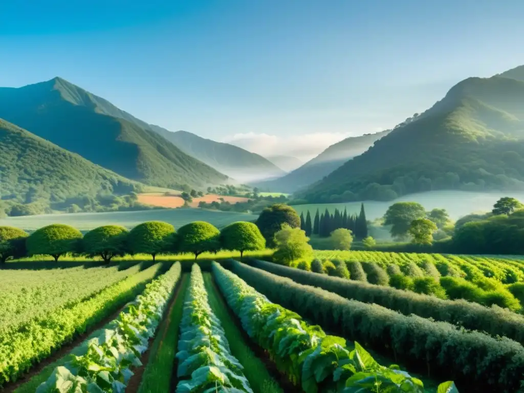 Una apacible vista de sistemas agroforestales orgánicos, con cultivos diversos entre árboles frondosos