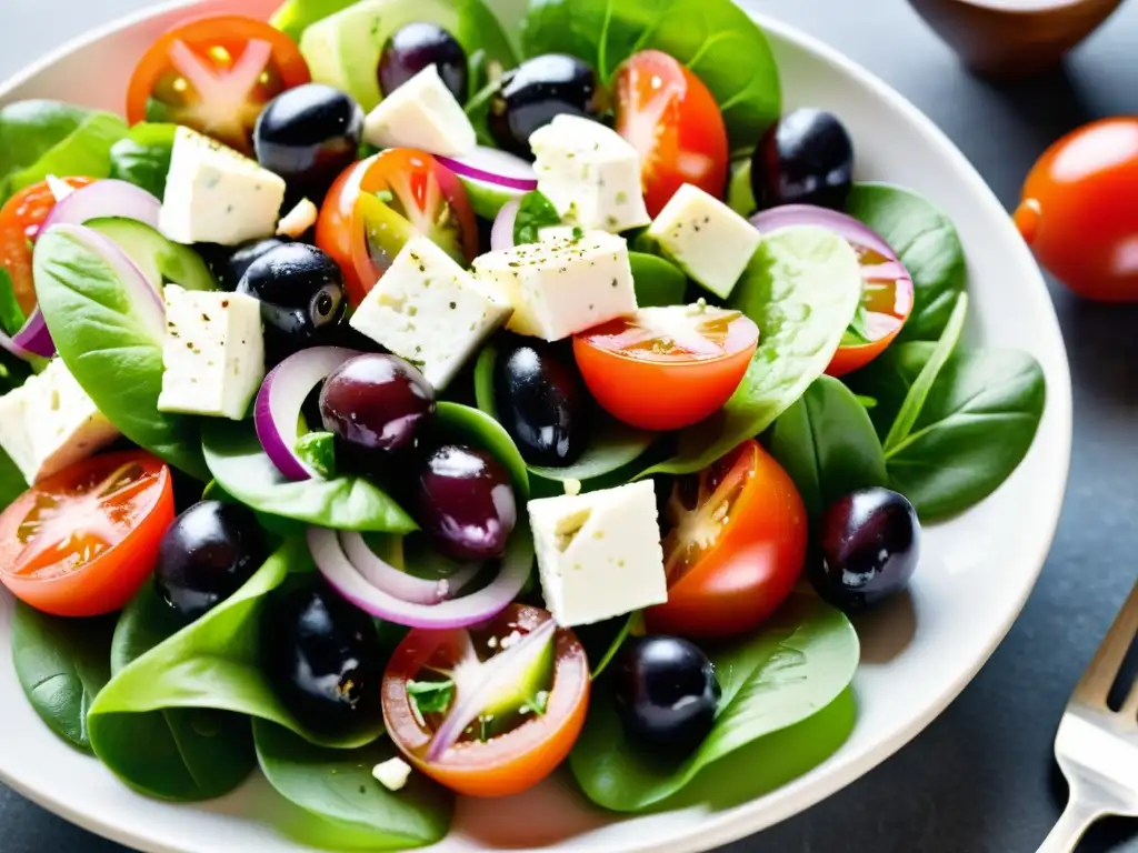 Una apetitosa ensalada griega con queso feta orgánico, fresca y colorida, en un plato blanco minimalista, iluminada suavemente