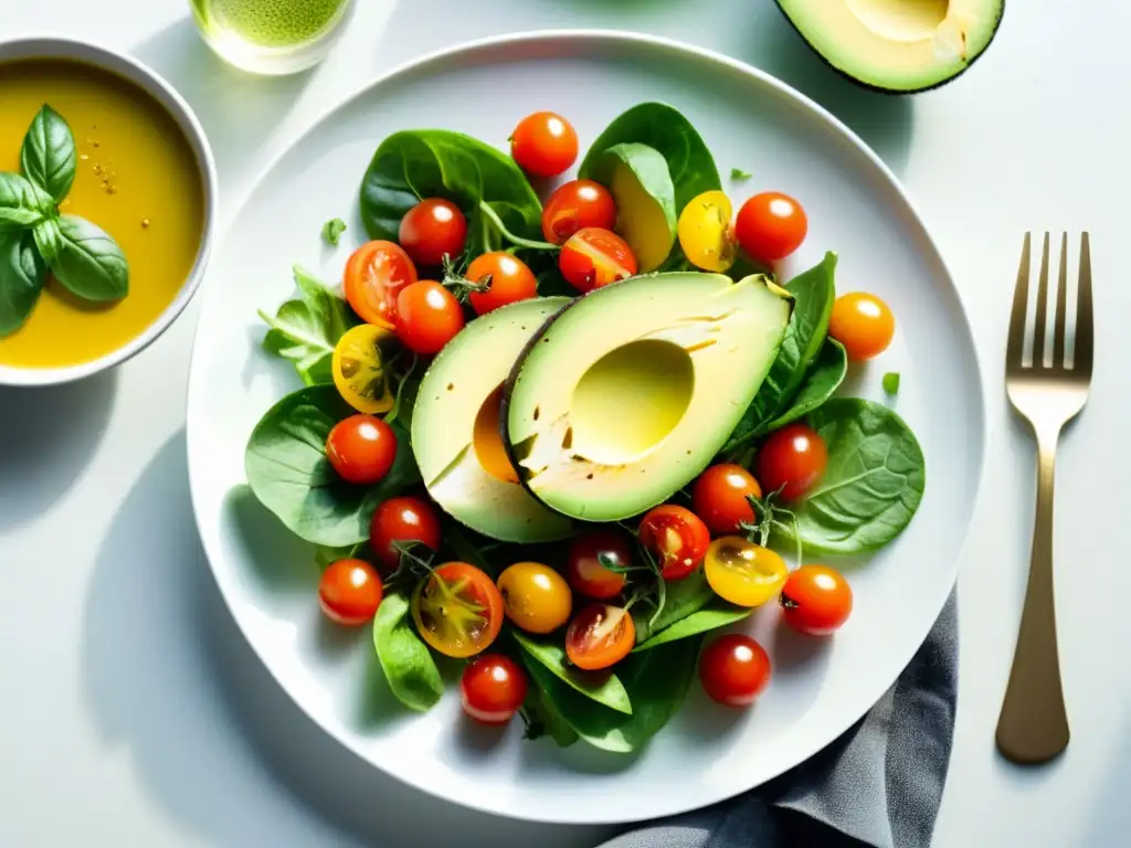 Una apetitosa ensalada orgánica con tomates cherry, lechuga, aguacate y vinagreta