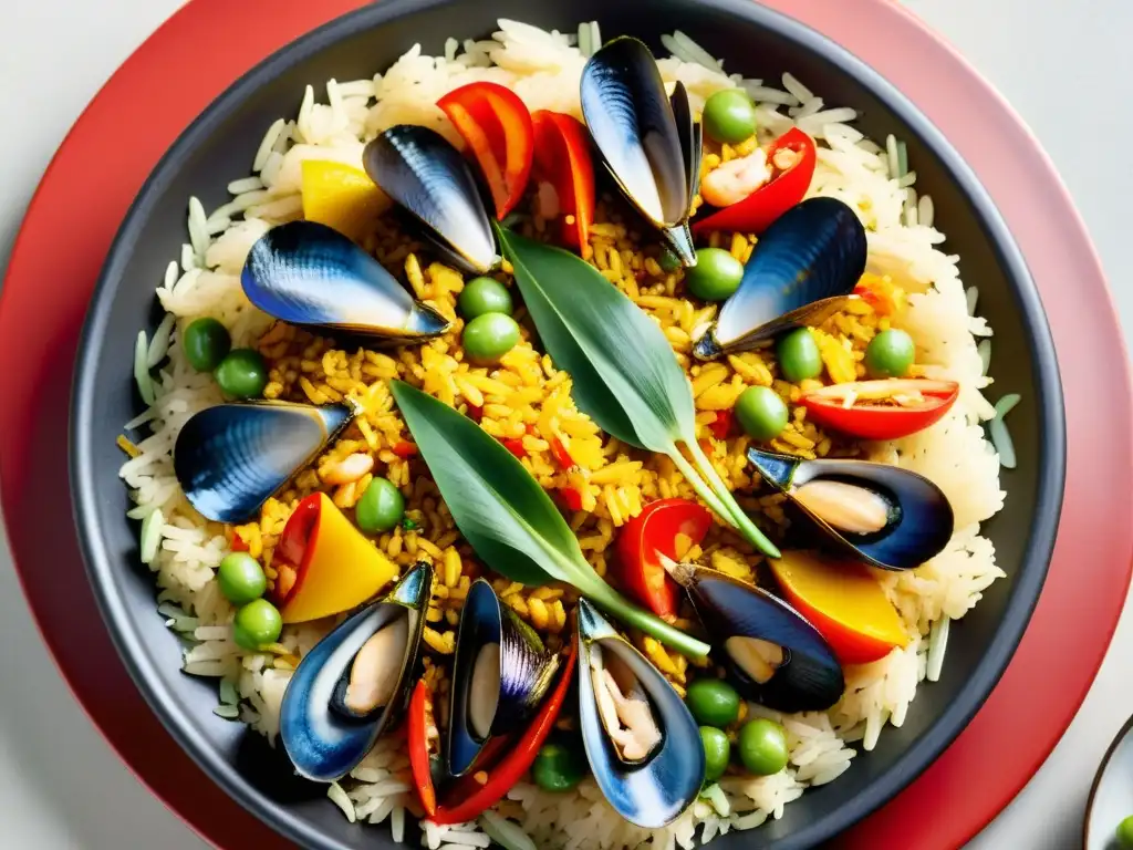 Una apetitosa paellera llena de ingredientes orgánicos y vibrantes, creando una presentación visualmente cautivadora de la receta paella orgánica española