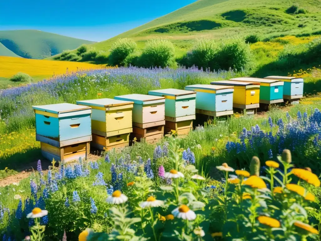 Apiario biodinámico en medio de la naturaleza Un apiario bañado por el sol entre coloridos campos de flores silvestres