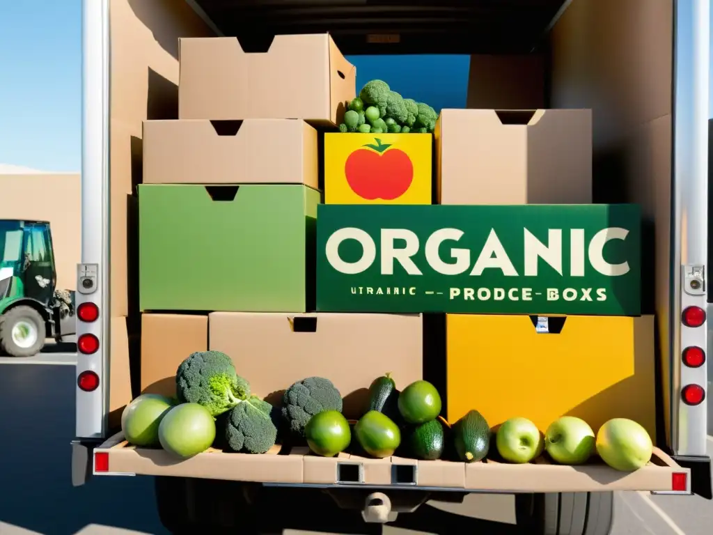 Apilamiento detallado de cajas de productos orgánicos en camión refrigerado