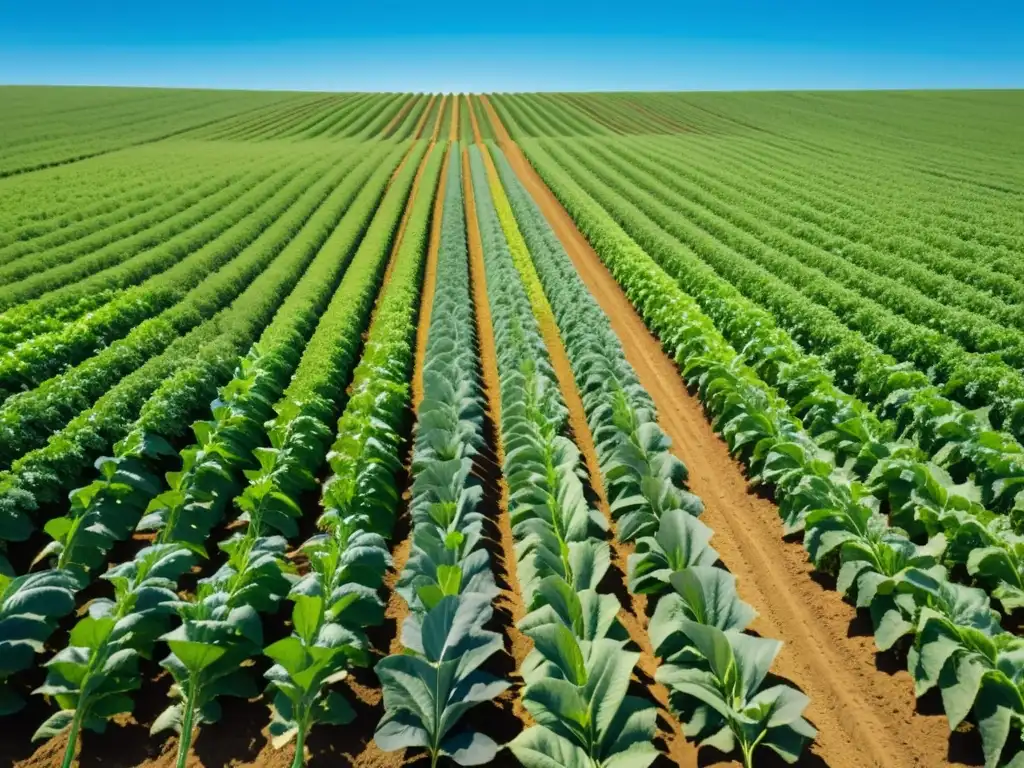 Aplicaciones de biotecnología en agricultura orgánica: detalle ultra de granja verde, cultivos vibrantes bajo cielo azul