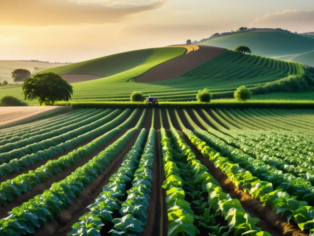 Aplicaciones móviles para agricultura orgánica: Escena idílica de granja orgánica bañada en suave luz dorada, con cultivos verdes y gran armonía