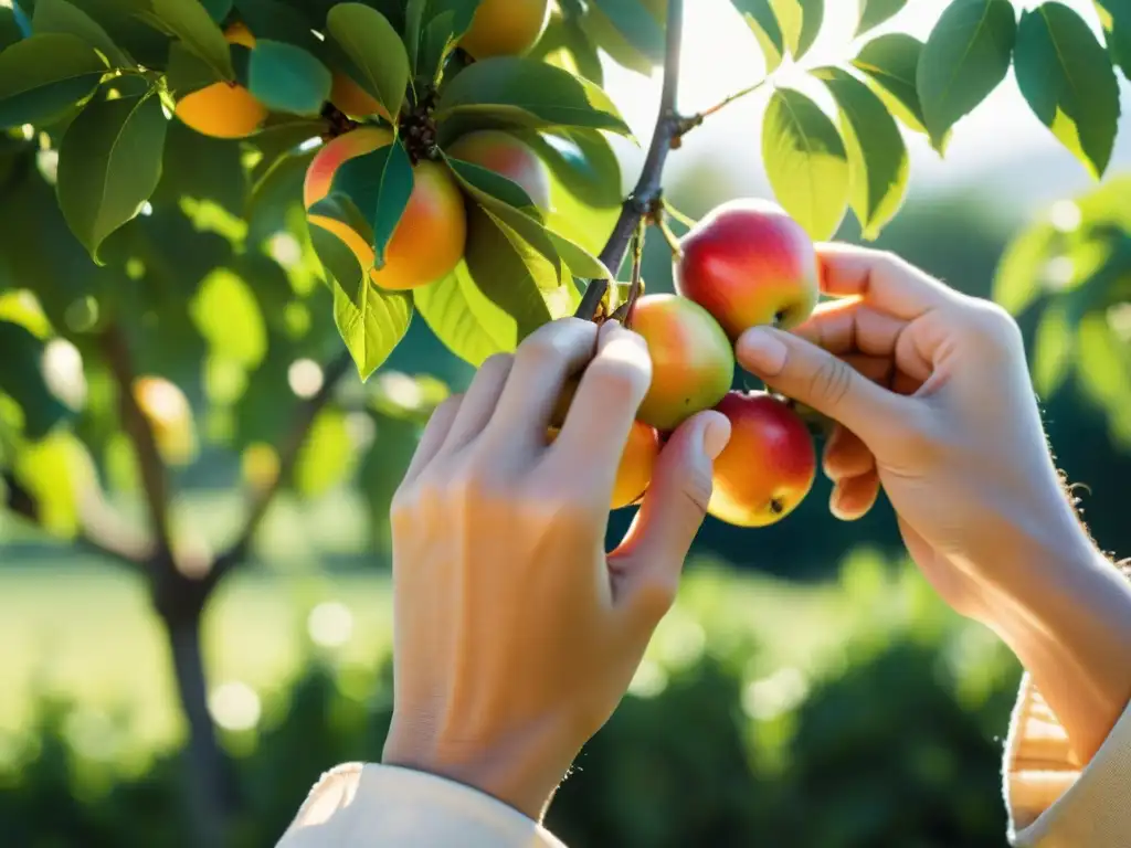 Podar árboles frutales en agricultura orgánica: Manos expertas cuidan con precisión un árbol frutal en un ambiente armonioso y sereno