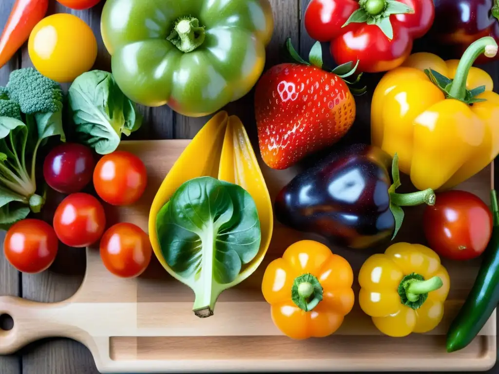 Un arcoíris de frutas y verduras orgánicas frescas sobre tabla de madera