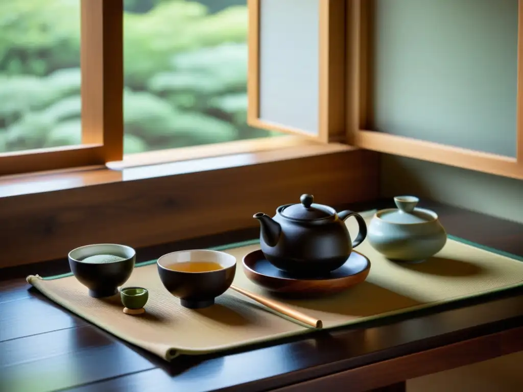 Una armoniosa ceremonia del té japonés con alimentos orgánicos en una mesa de madera