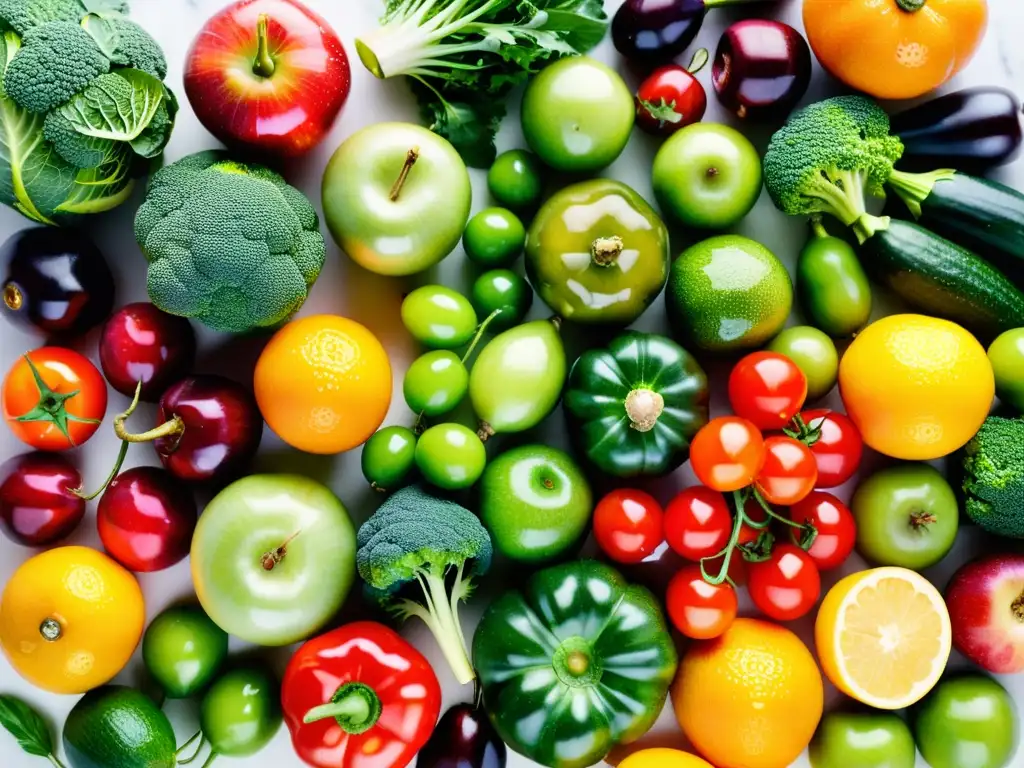 Una armoniosa composición de frutas y verduras frescas sobre mármol blanco, con colores vibrantes y detalles exquisitos