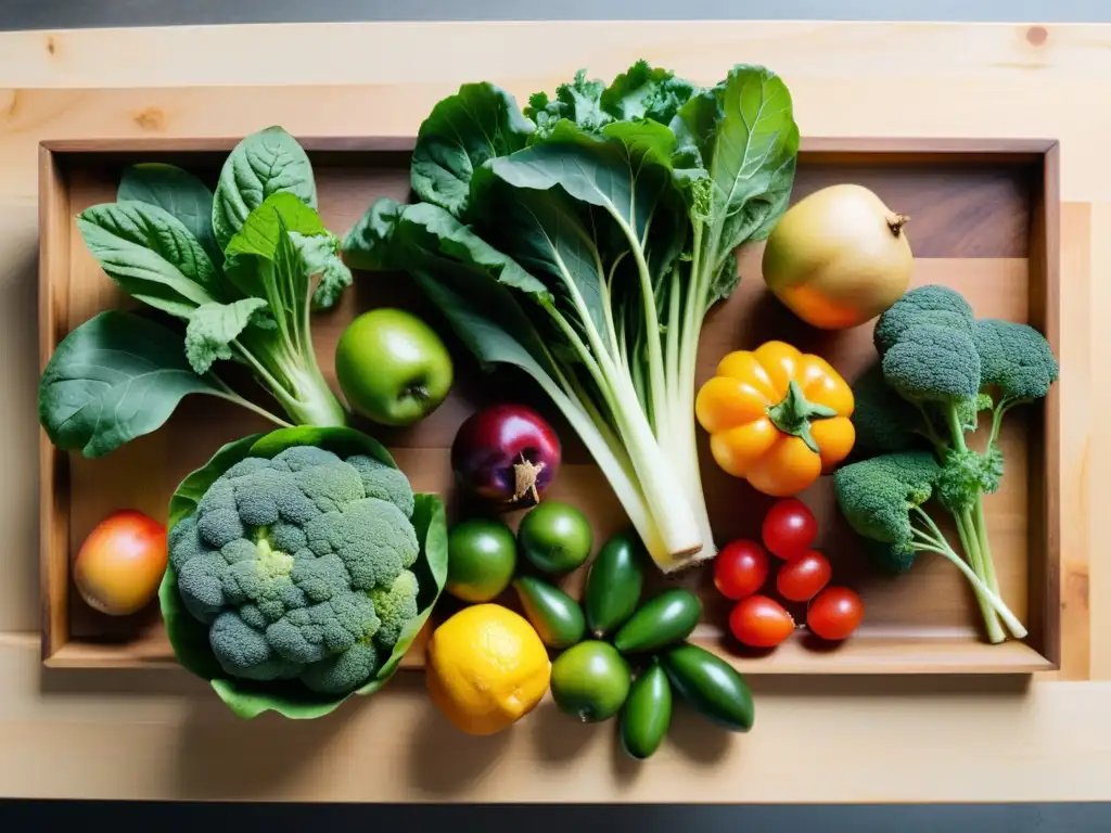 Una armoniosa variedad de alimentos orgánicos en dieta baja, exudando frescura y vitalidad sobre una mesa de madera