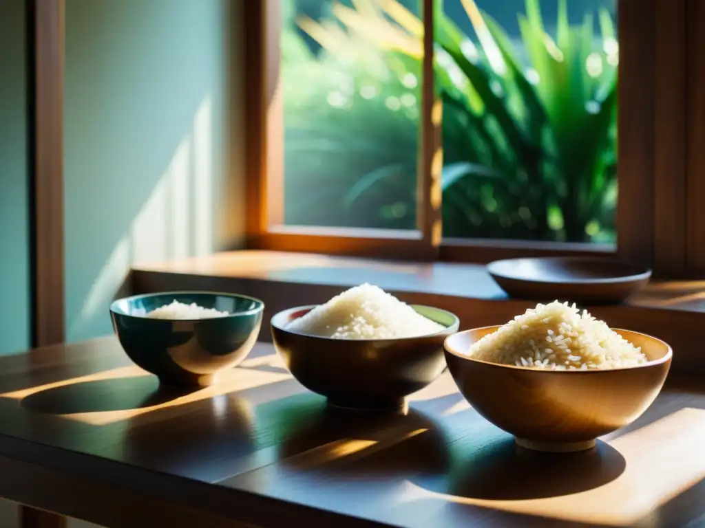 Preparar arroces orgánicos del mundo en escena armoniosa y tranquila con cuencos de colores sobre mesa de madera iluminada por luz natural