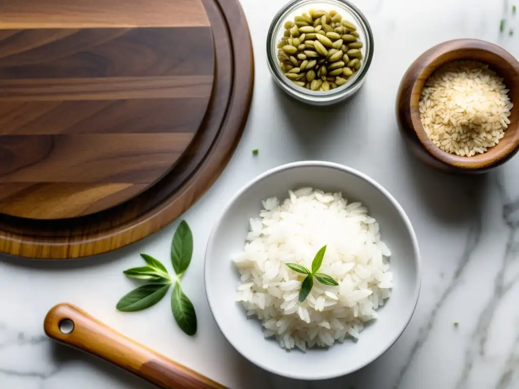 Preparar arroces orgánicos del mundo: Imagen de encimera de mármol blanco con tabla de madera, granos de arroz y hierbas frescas