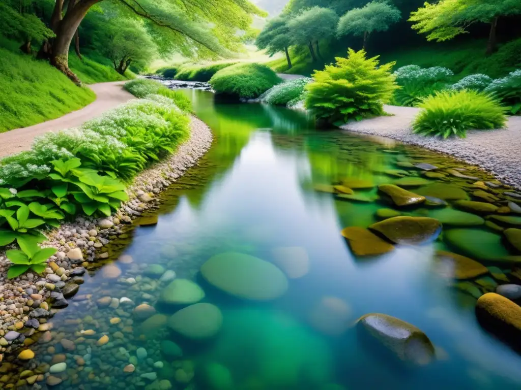 Un arroyo cristalino serpentea entre un exuberante paisaje verde, creando una atmósfera de pureza y belleza natural