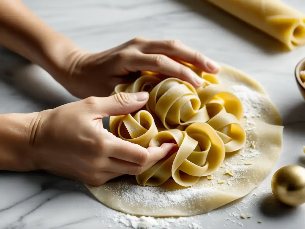 Preparación artesanal de receta de pastas orgánicas caseras: manos expertas amasando masa dorada sobre encimera de mármol