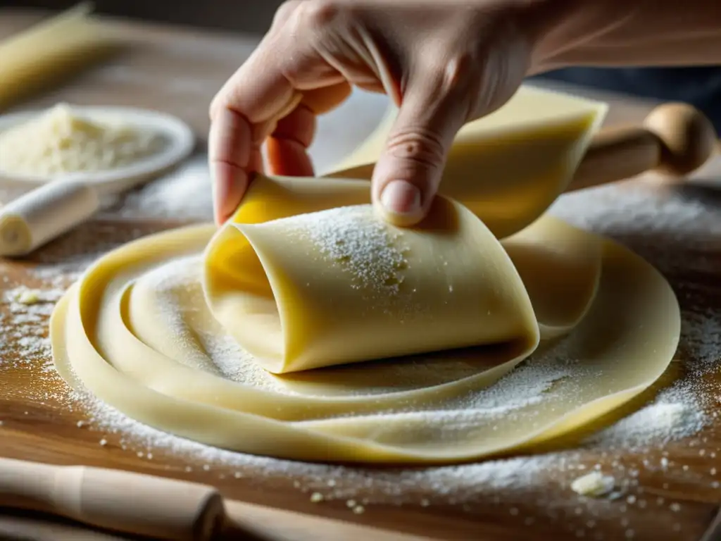 Un artesano italiano experto moldea a mano una fina masa de pasta, creando una imagen minimalista y orgánica