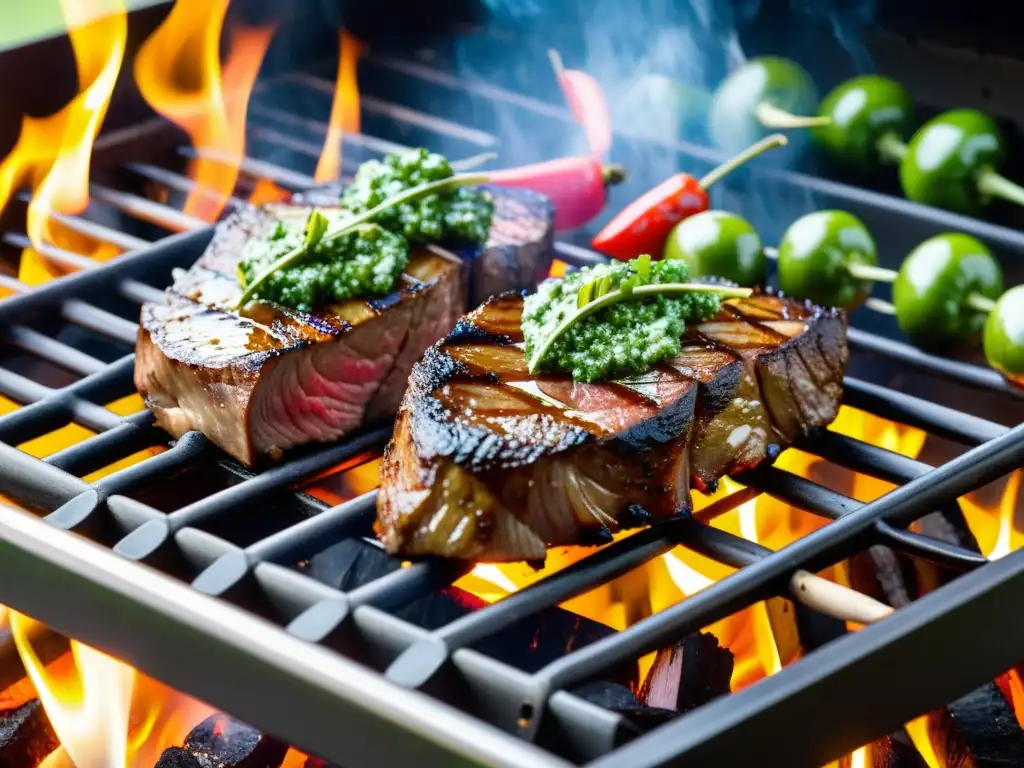 Un asado argentino orgánico perfectamente cocinado con chimichurri, rodeado de vegetales a la parrilla