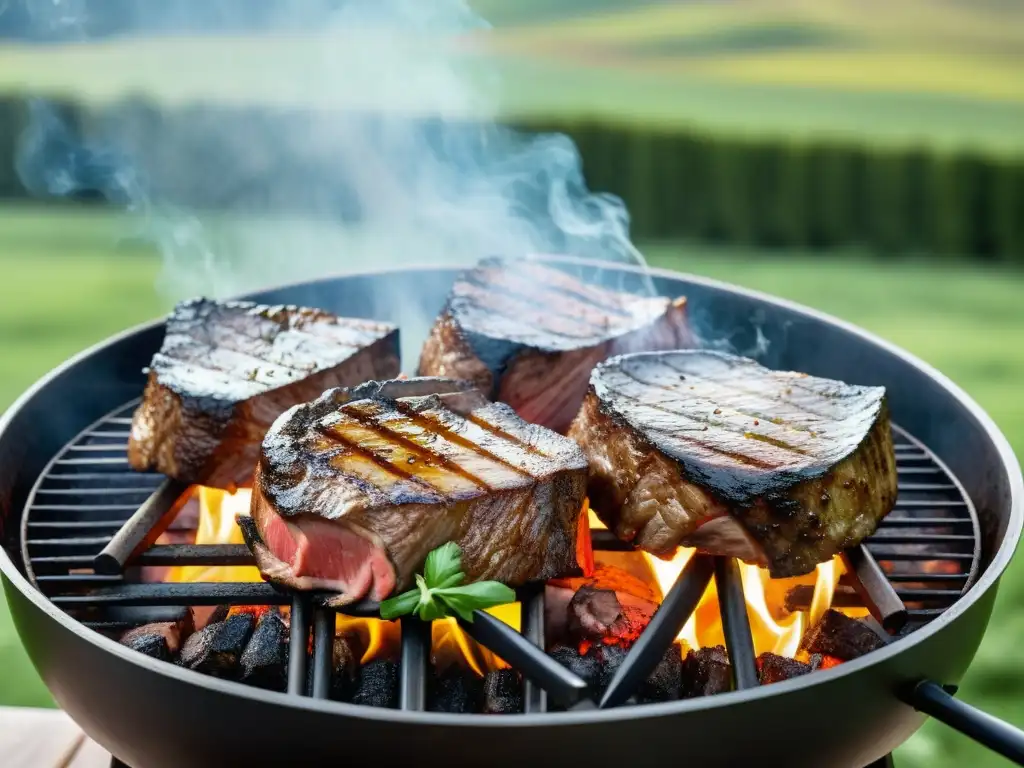Un asado argentino orgánico cocinándose a la perfección en una parrilla, con humo y llamas, en un escenario de campo verde exuberante