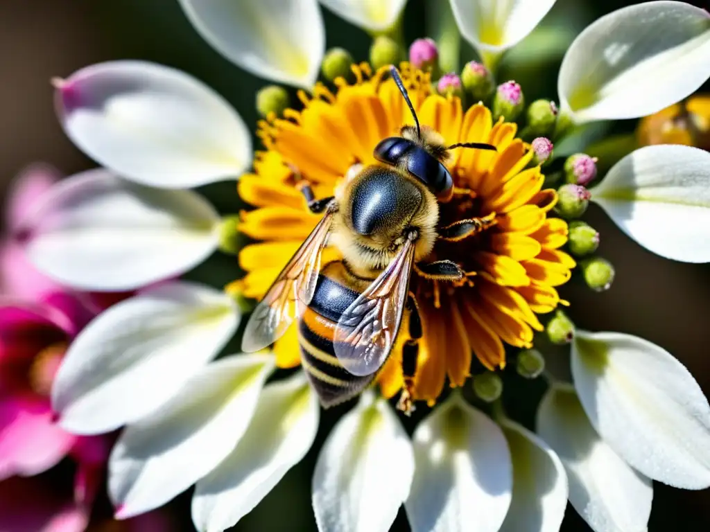 Una asombrosa imagen detallada de una abeja cubierta de polen, posada en los delicados pétalos blancos de una flor rosa vibrante