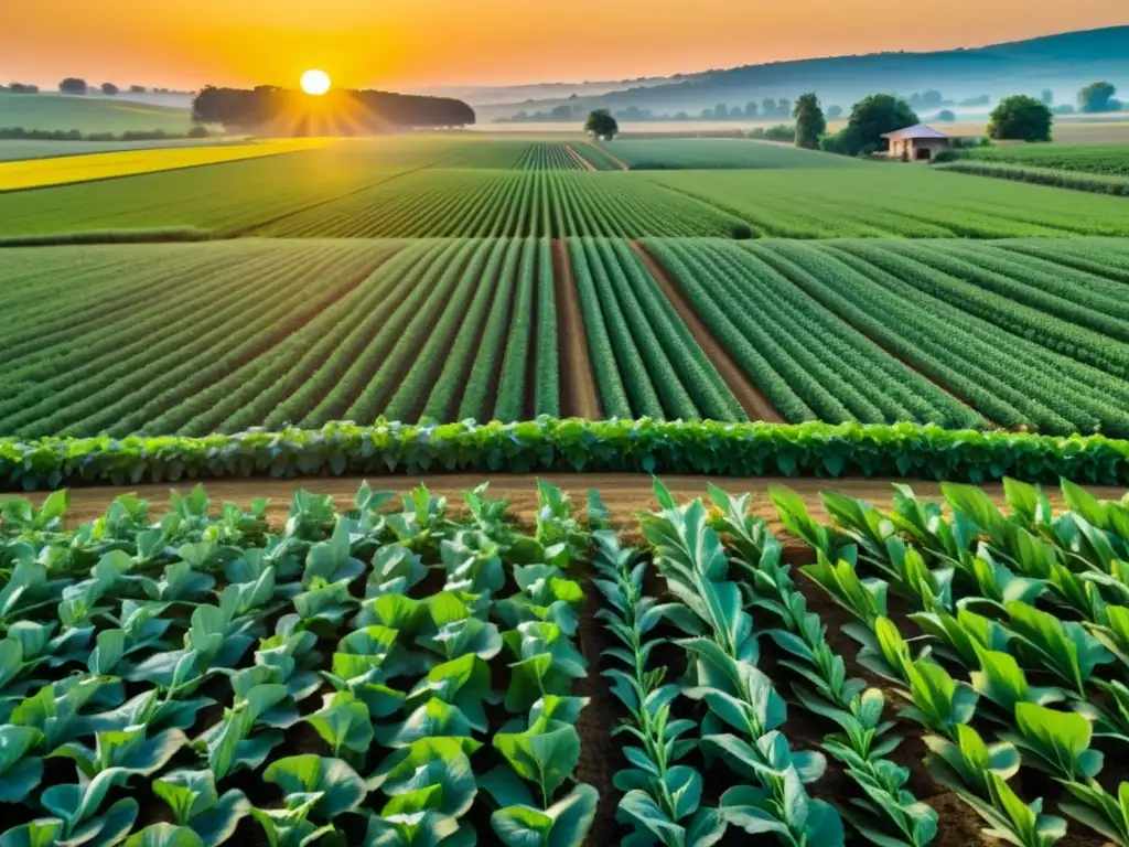 Un atardecer cálido baña un campo de cultivos orgánicos, reflejando la armonía y belleza del proceso de certificación orgánica