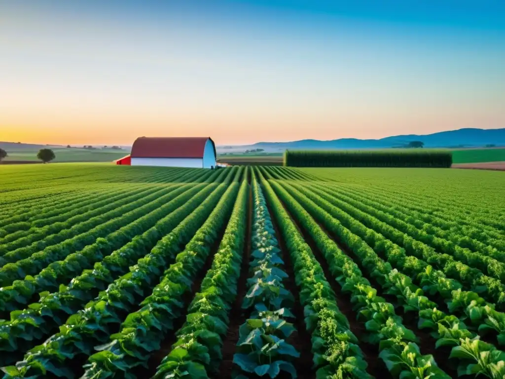 Un atardecer cálido ilumina una granja orgánica exuberante, con cultivos verdes y ordenados