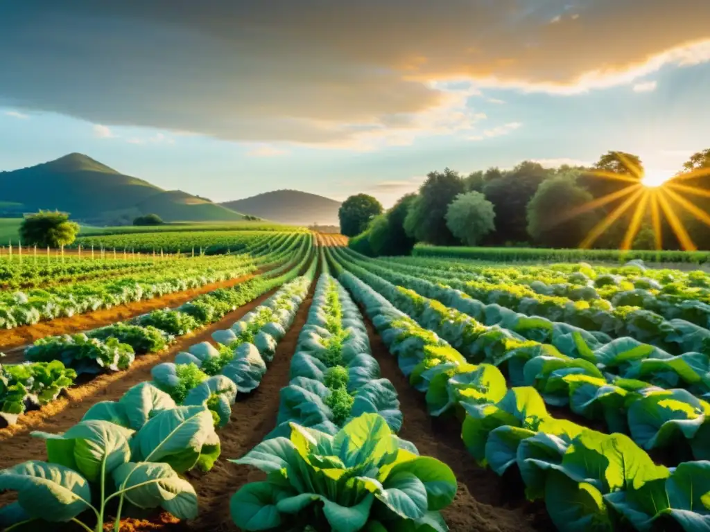 Un atardecer dorado en una granja orgánica, con filas de verduras y frutas