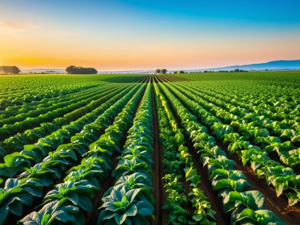Atardecer dorado sobre granja orgánica