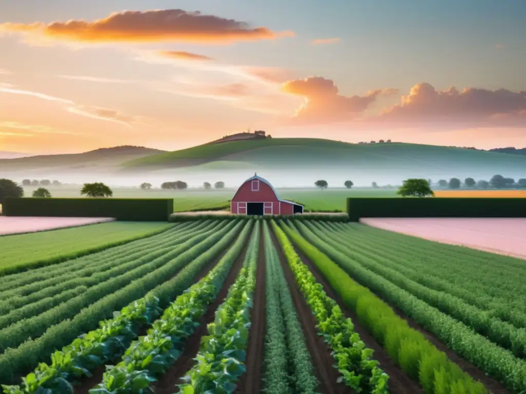 Un atardecer dorado ilumina una granja orgánica con cultivos verdes en surcos simétricos