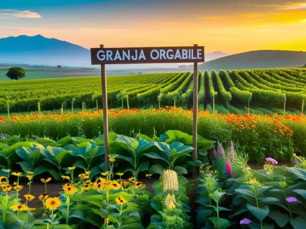 Un atardecer mágico en una granja orgánica sostenible con campos verdes y flores silvestres