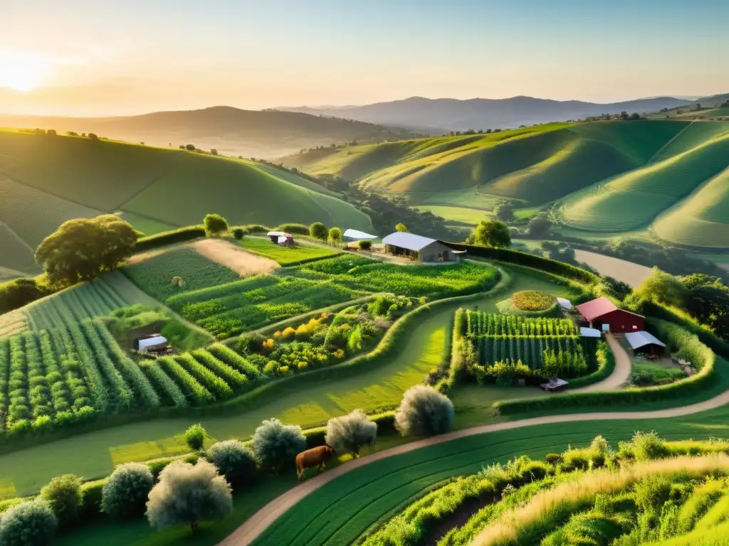 Un atardecer sereno baña una granja de permacultura, donde la integración de ganadería y agricultura crea un paisaje idílico