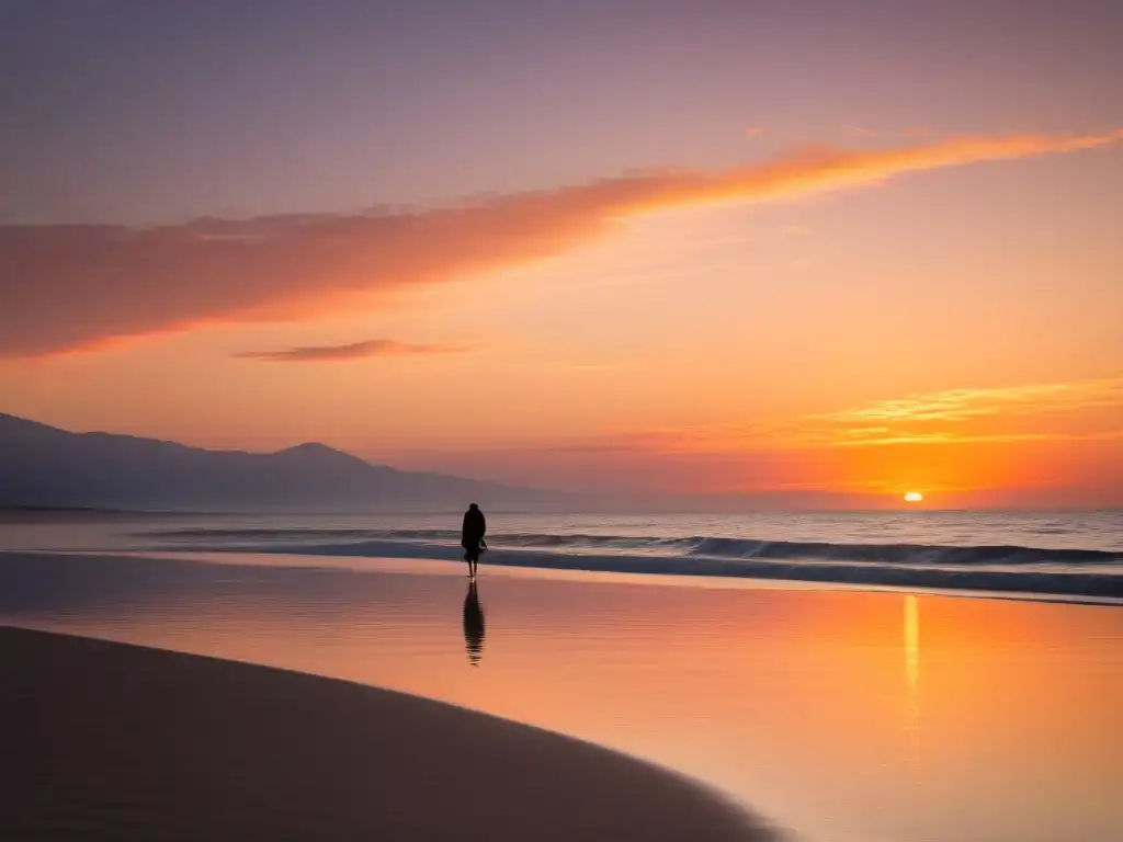 Un atardecer sereno en la playa, con olas suaves y tonos cálidos en el cielo