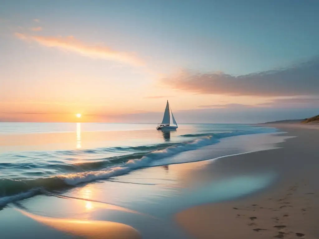 Un atardecer tranquilo en el mar, con olas suaves y un velero solitario